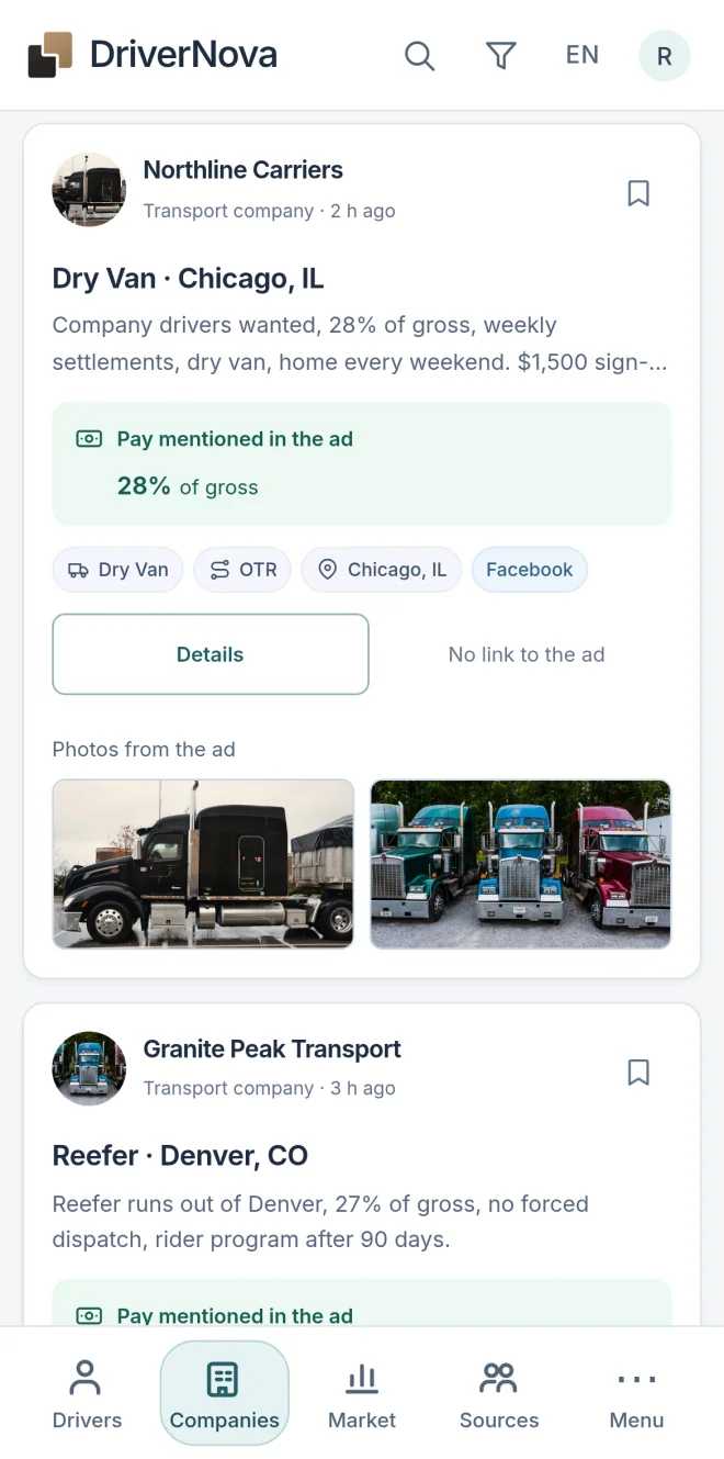 DriverNova company list on a phone.
