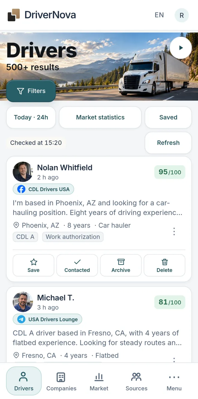 DriverNova driver list on a phone.