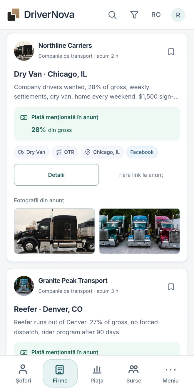 Lista de firme din DriverNova, pe telefon.