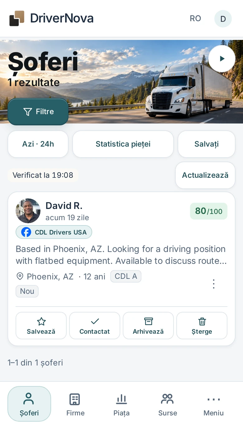 Exemplu de căutare DriverNova cu David R., un candidat diferit de cel din turul ghidat.
