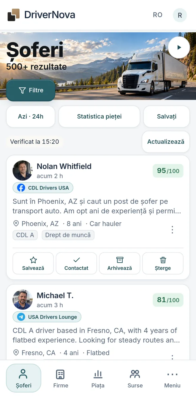 Lista de șoferi din DriverNova pe telefon.